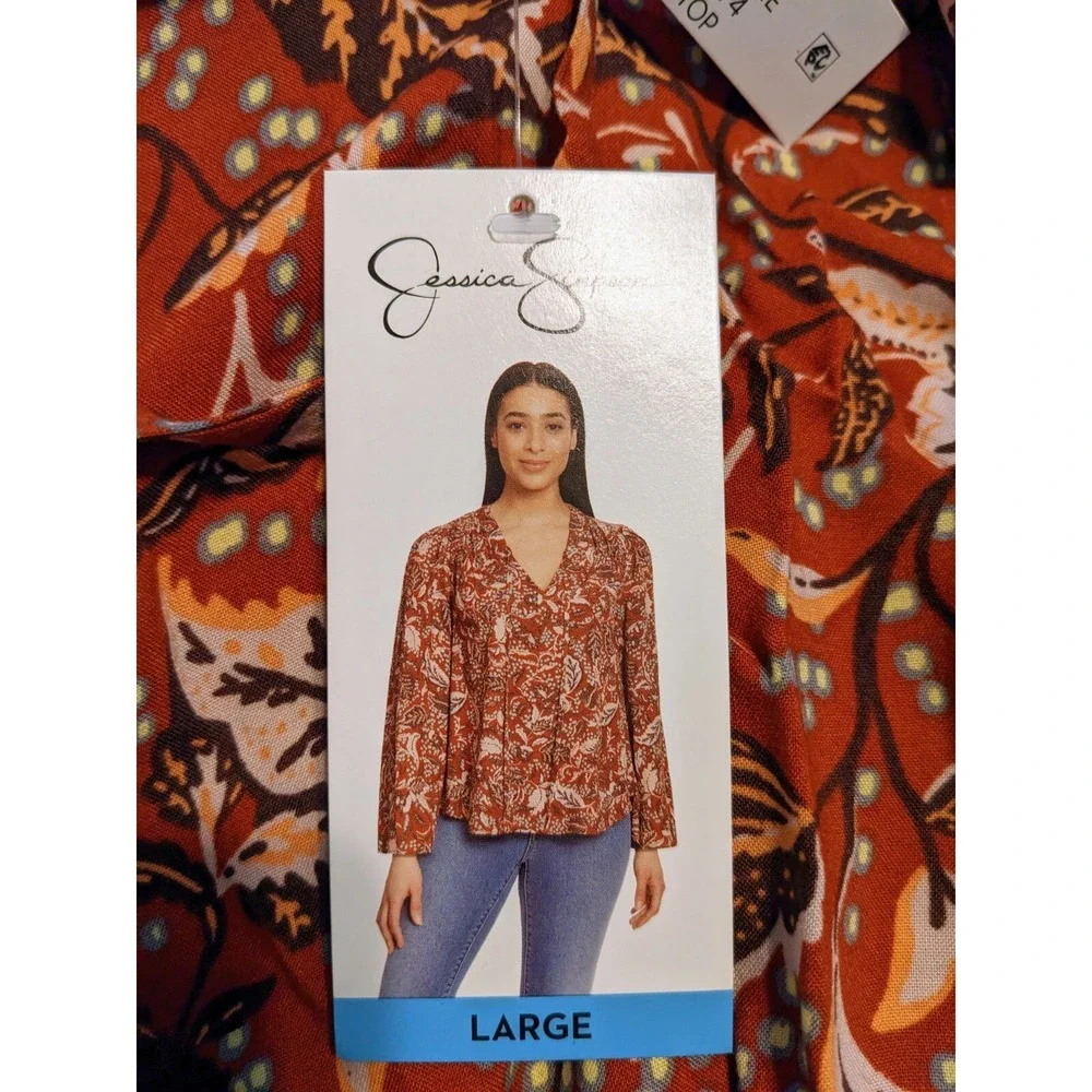 essica Simpson Ladies Woven Top Boho Flowy Size Large Mother Nature Floral‎ L/S
